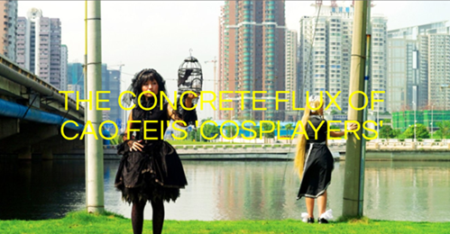 Two people standing near a river that runs through a city with the caption "The Concrete Flux Of Cao Fei's 'Cosplayers'"