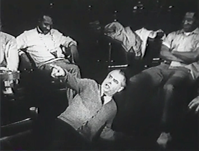 Black and white still from a movie scene