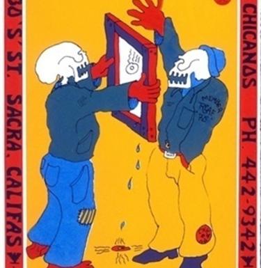 Flyer with two skeletons dressed as men wearing baggie clothes that reads "El Centro de Artistas Chicanos"